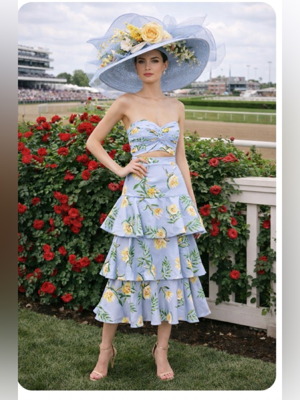 AMUR Lavender / Blue Floral Midi strapless cutout Dress